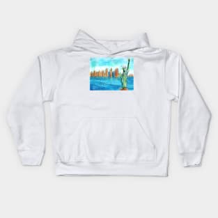 Colorful Urban Sketch of The Statue of Liberty the Bay and the Buildings Kids Hoodie